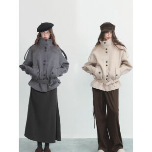 灰色深冬chic韩系立领短款毛呢大衣女款2025新款冬加厚呢子外套