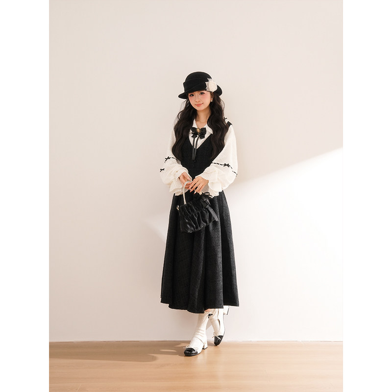 法式复古黑色灯笼袖长袖衬衫连衣裙套装女秋冬季千金风收腰两件套