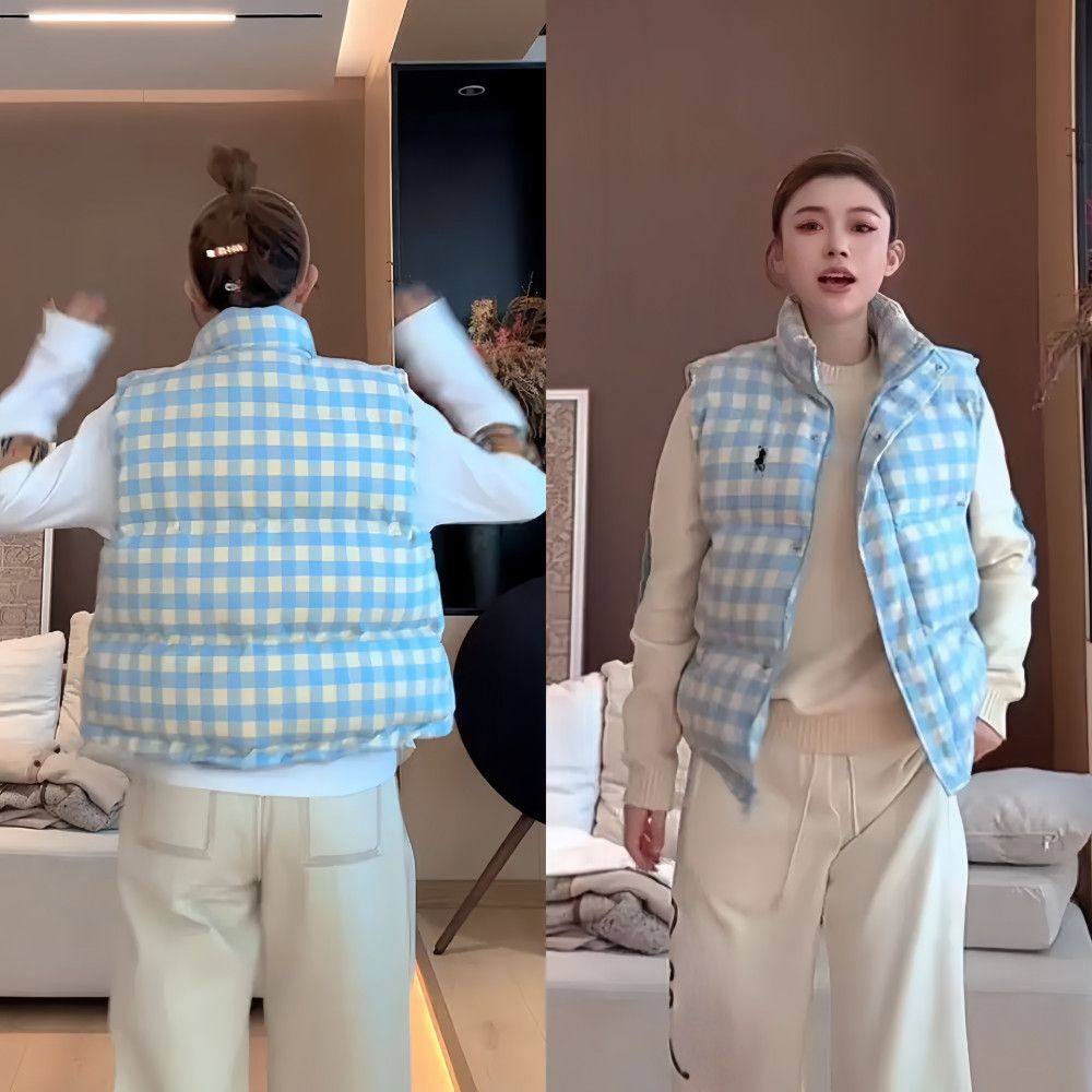 复古减龄蓝色格子立领马甲背心女秋冬季宽松保暖加厚羽绒棉服外套