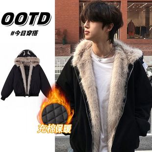 猫耳朵座山雕皮衣棉服外套男款冬季cleanfit美式复古毛领连帽棉衣