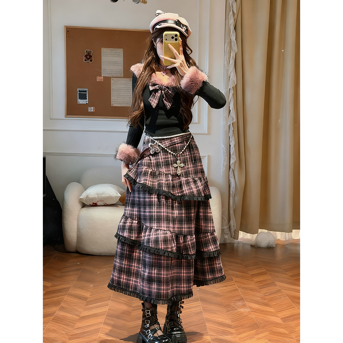 莓果丝绒 甜酷风黑粉色格纹半身裙套装女冬毛领上衣两件套,女装/女士精品,时尚套装,淘宝优惠券,粉丝福利购,淘宝优惠卷