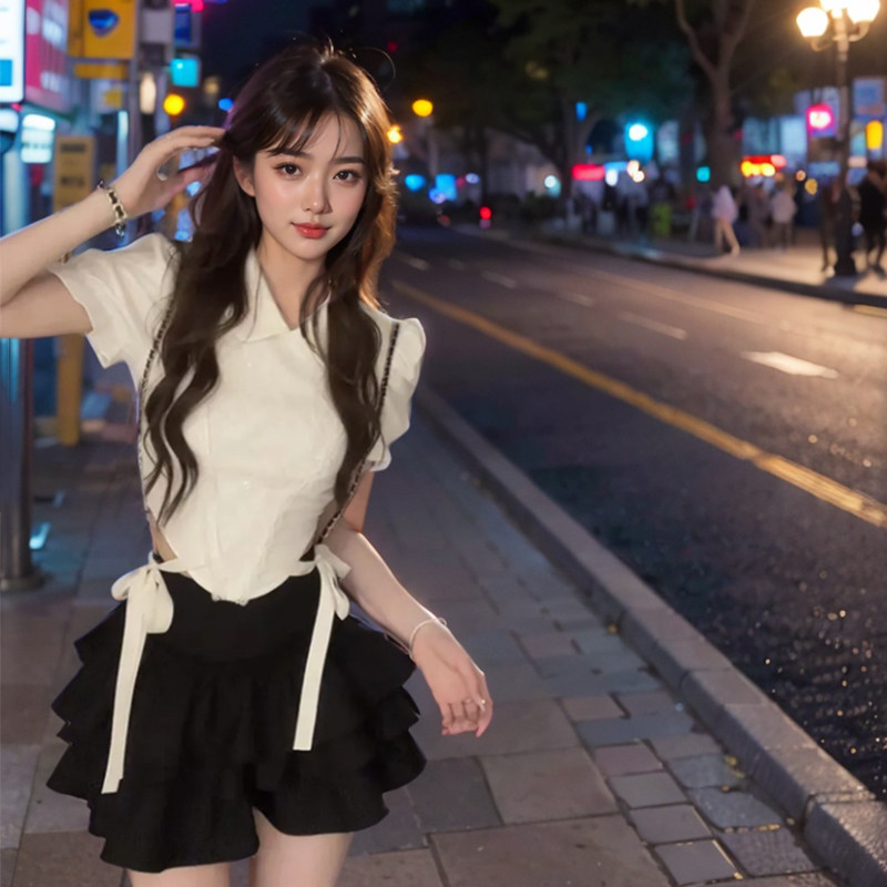 韩系辣妹套装女夏季蝴蝶结绑带收腰白色短袖上衣花边蛋糕裙两件套