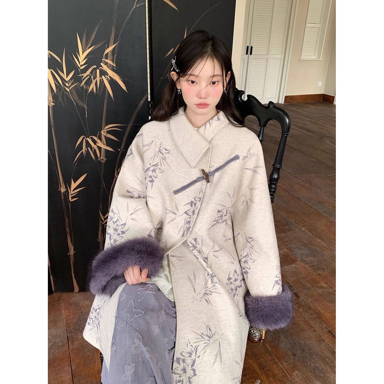 “墨竹紫筠”国风新中式外套女冬季改良长款印花小众外衣,女装/女士精品,时尚套装,淘宝优惠券,粉丝福利购,淘宝优惠卷