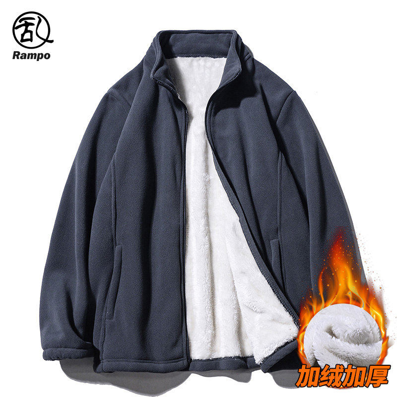 摇粒绒立领棉服外套男仿羊羔绒夹克棉衣冬季加绒加厚保暖开衫卫衣