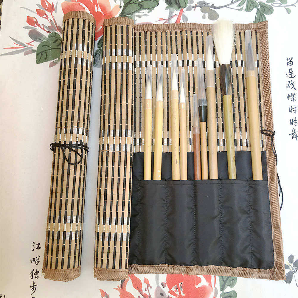 笔帘 竹制毛笔帘 插笔袋带孔大容量卷毛笔国画水粉水彩笔书法笔帘图片