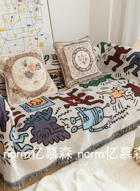 美式沙发盖布高级感线毯休闲复古盖巾棉麻沙发垫轻奢涂鸦用沙发巾