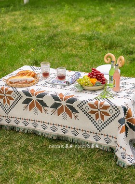 户外露营桌布露营棉麻野餐桌布高级布艺防水餐桌布茶几防晒长方形