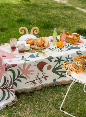 桌布卡通棉麻台布露营摊位美式野餐桌布户外桌布轻奢高级感
