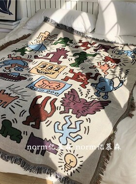 ins复古挂毯艺术涂鸦大师高级感棉麻卡通美式沙发毯空调盖毯轻奢