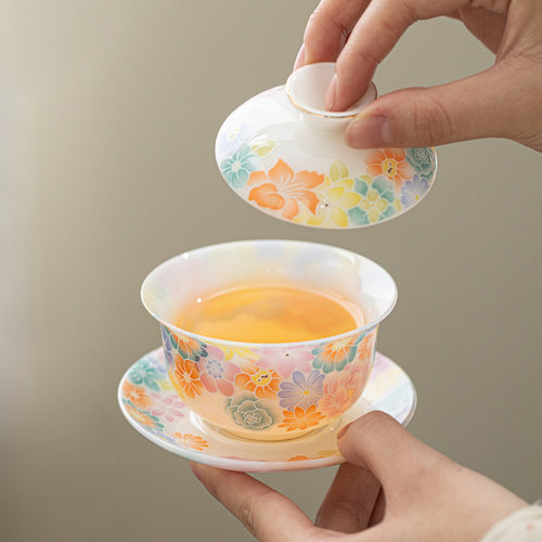 璞玉瓷彩色万花盖碗功夫茶具套装