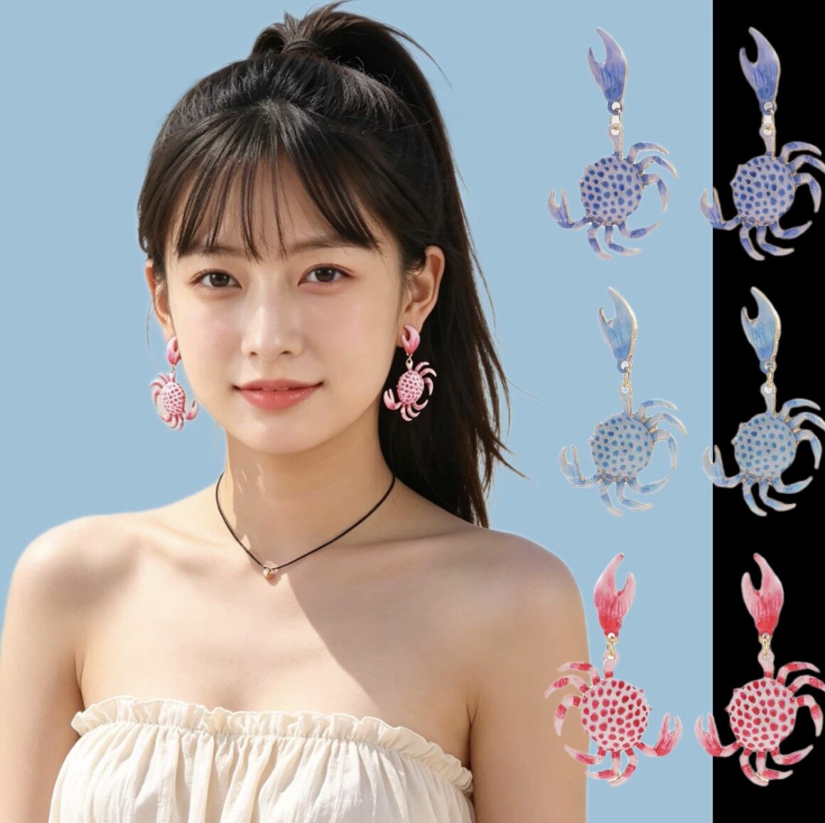 可爱耳饰品螃蟹耳钉女士耳环沙滩风耳夹耳饰时尚高级感耳坠耳挂