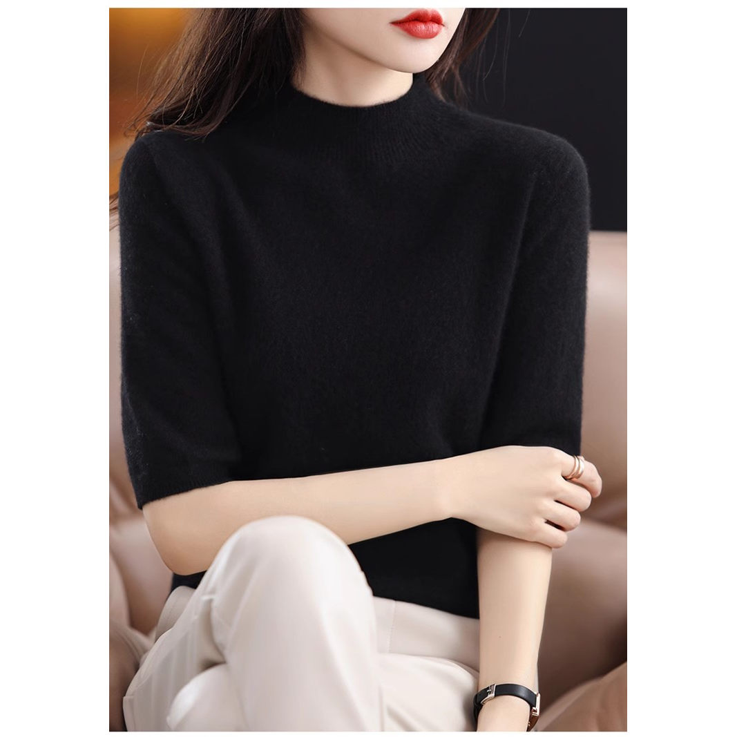 一线成衣100%纯羊毛衫女半高领五分袖纯色短袖女针织打底羊绒上衣