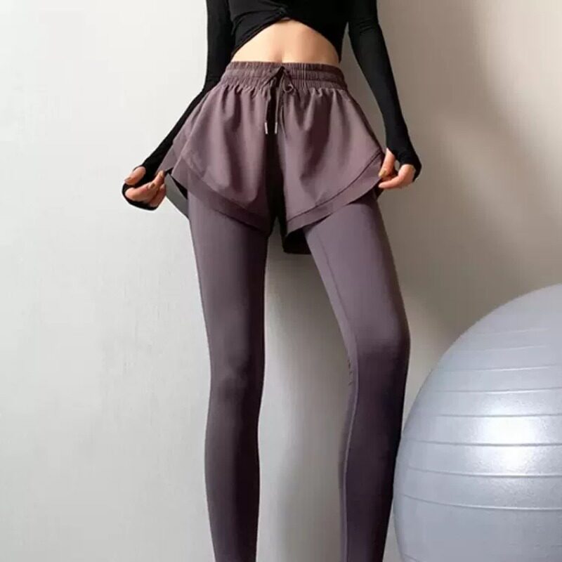 奥特莱斯瑜伽裤女高腰提臀假两件弹力紧身健身长裤显瘦速干运动裤