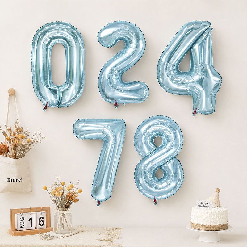 户外宝宝生日派对ins32寸水晶蓝色数字气球拍照背景装饰场景布置