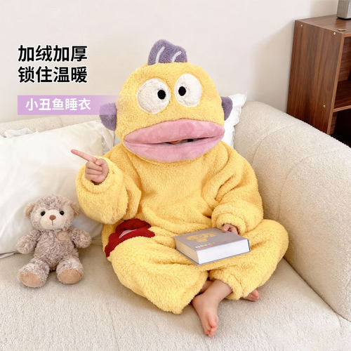 小丑鱼睡衣黄色金鱼小丑鱼连体珊瑚绒睡衣女秋冬季搞怪趣加厚大嘴