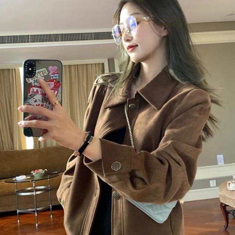 美拉德麂皮绒外套女短款2025春秋新款覆古宽松小个子薄款夹克上衣