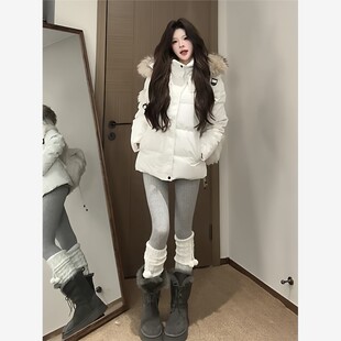 白色可拆卸大毛领短款羽绒服女冬季收腰修身加厚90白鸭绒连帽外套