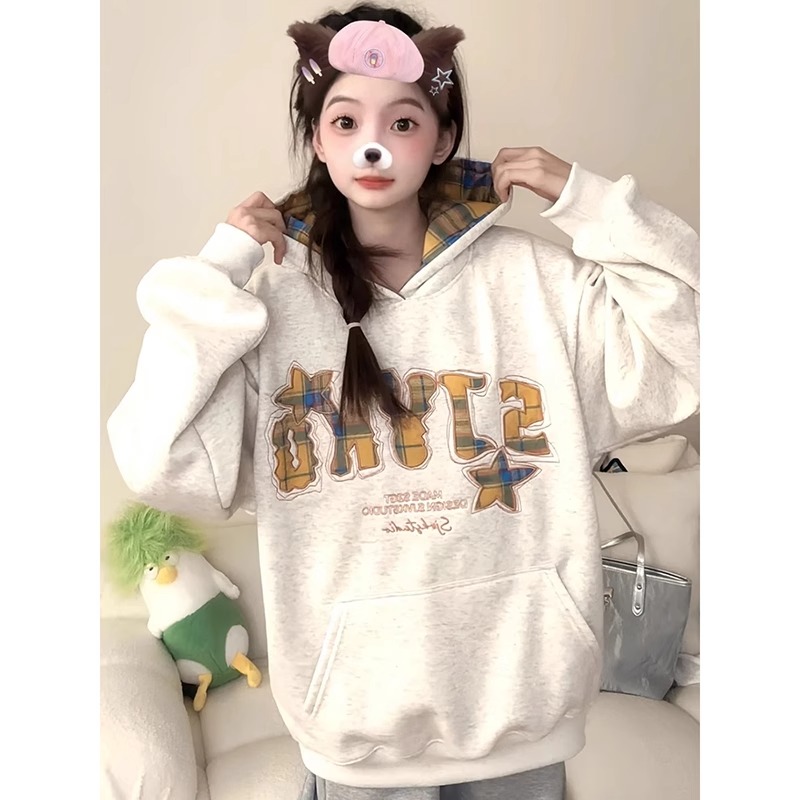 潮牌布贴刺绣连帽运动衫女春秋2025新款美式高街休闲宽松慵懒风外