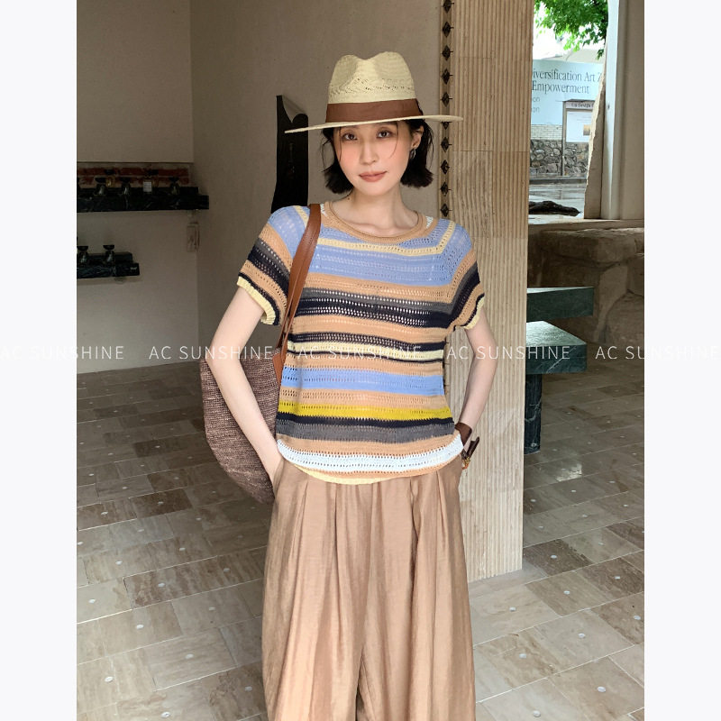 AC SUNSHINE松弛度假镂空彩色条纹日常百搭短袖t恤衫上衣女H19556