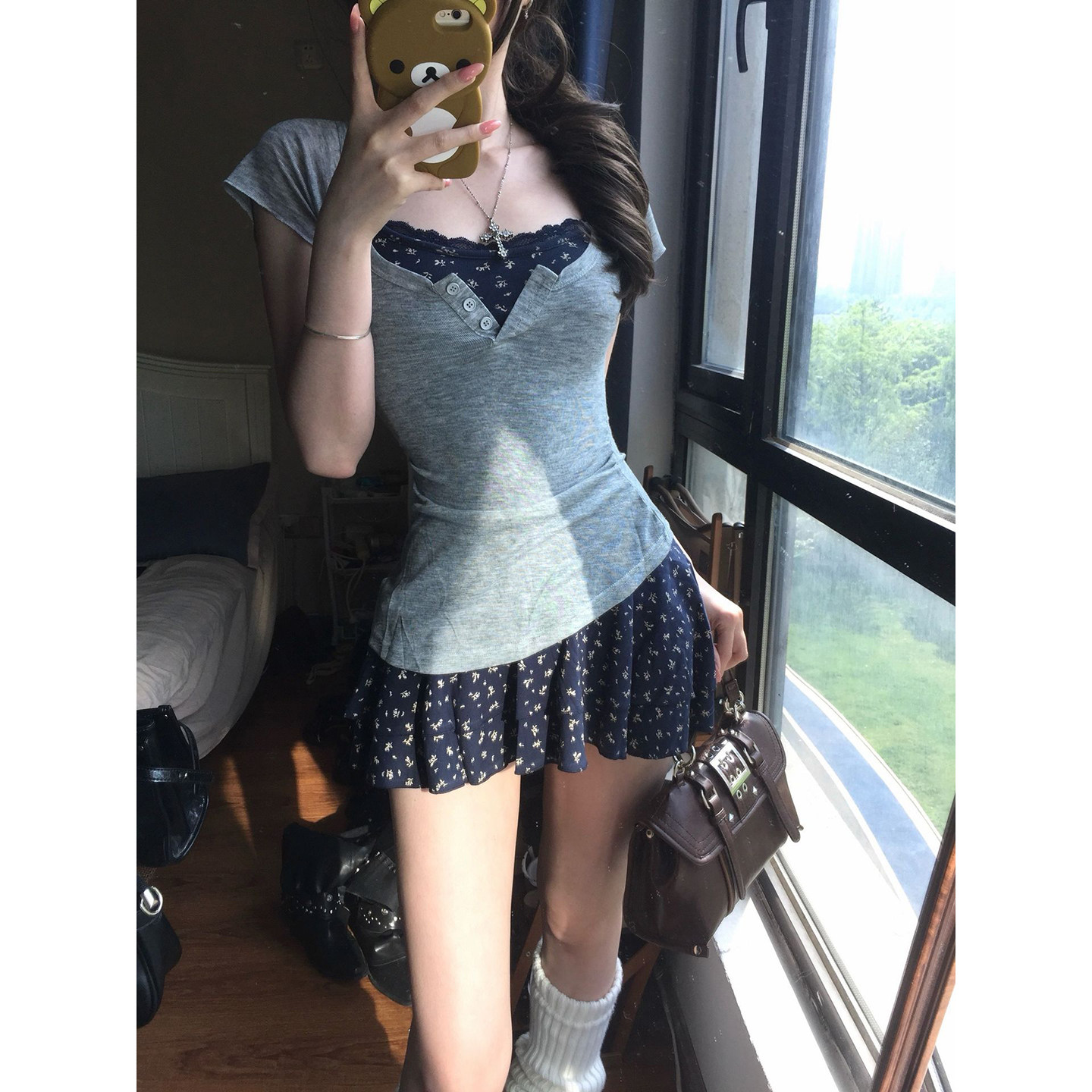 韩系藏青色碎花洋装女夏