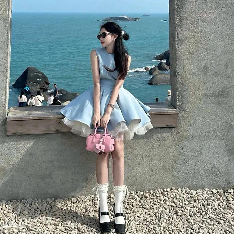 法式甜美风蓝色无袖洋装