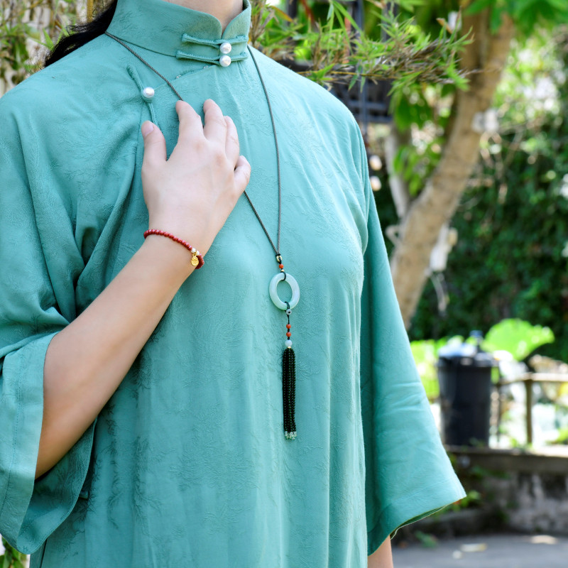 天然A货翡翠平安扣长款毛衣链