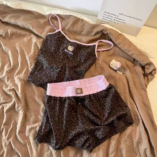豹纹HelloKitty吊带睡衣女士夏季纯棉性感短裤宽松凉感家居服套装