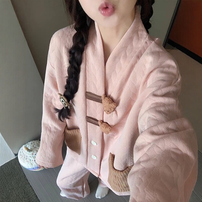 双层加厚空气棉睡衣女款秋冬季天