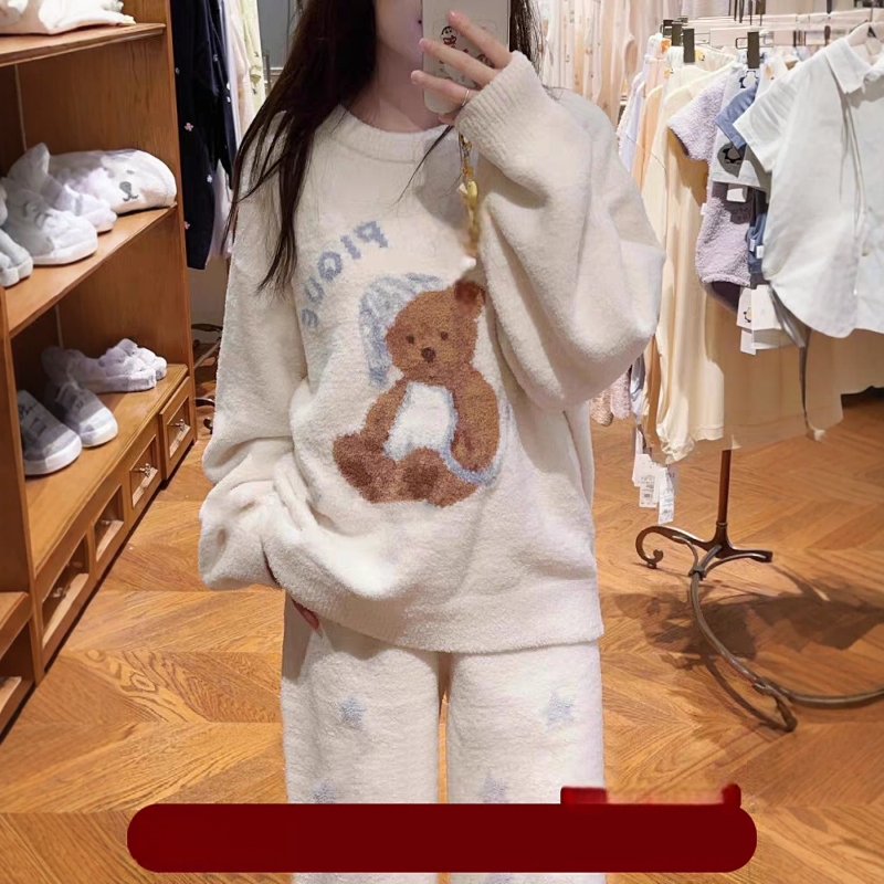 可爱卡通玩偶小熊半边绒睡衣女秋