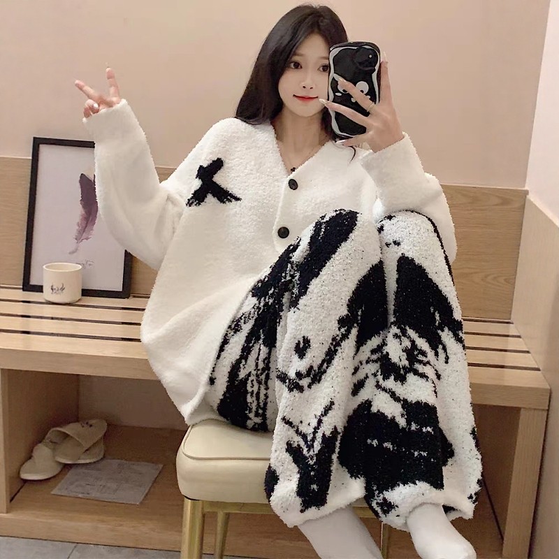 半边绒睡衣冬季女珊瑚绒套装春秋款薄绒法兰绒保暖开衫长袖家居服