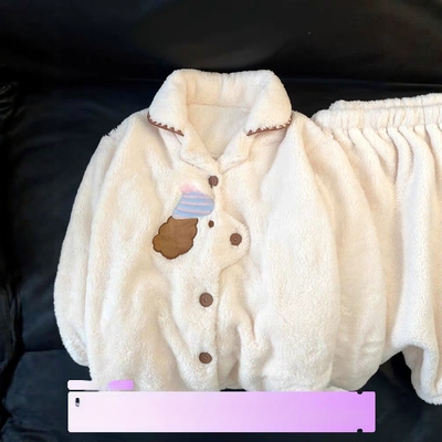 可爱卷毛小狗珊瑚绒睡衣女款秋冬