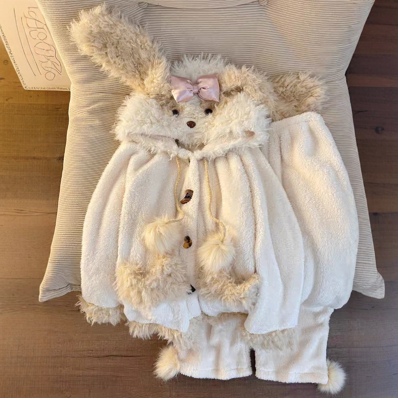 毛绒可爱小狗连帽珊瑚绒睡衣女秋