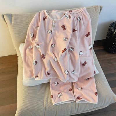 少女粉色Kitty法兰绒睡衣女秋冬