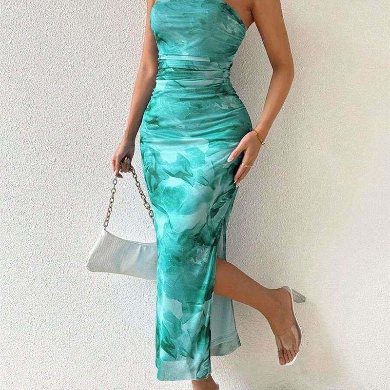 Mesh floral strapless ruffle top tight slit tube sexy maxi