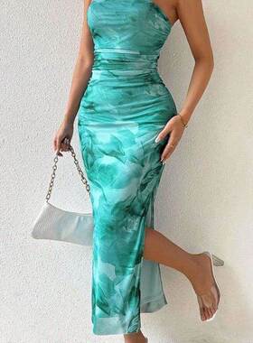 Mesh floral strapless ruffle top tight slit tube sexy maxi