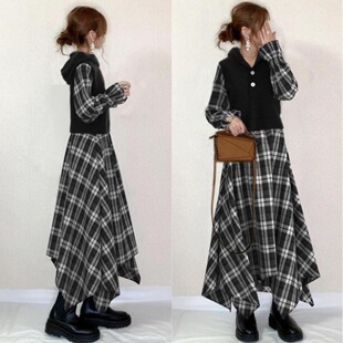 亚马逊跨境日系乐天新款 dress 格子拼接撞色不规则下摆连衣裙Long