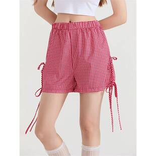 2024 Summer Women Plaid Shorts Side Bow Tie-up Elastic Waist