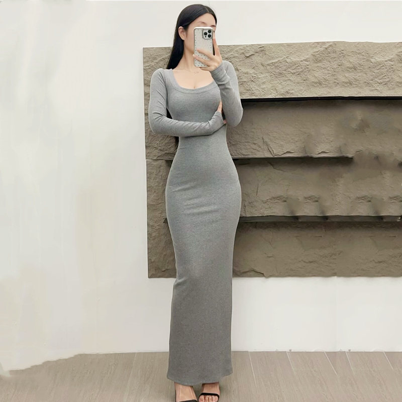 欧美纯色性感大圆领长袖