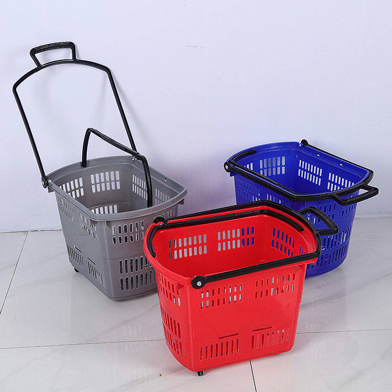 买菜篮子超市购物篮手提篮塑料篮手拉杆带轮加厚商场购物车购物筐