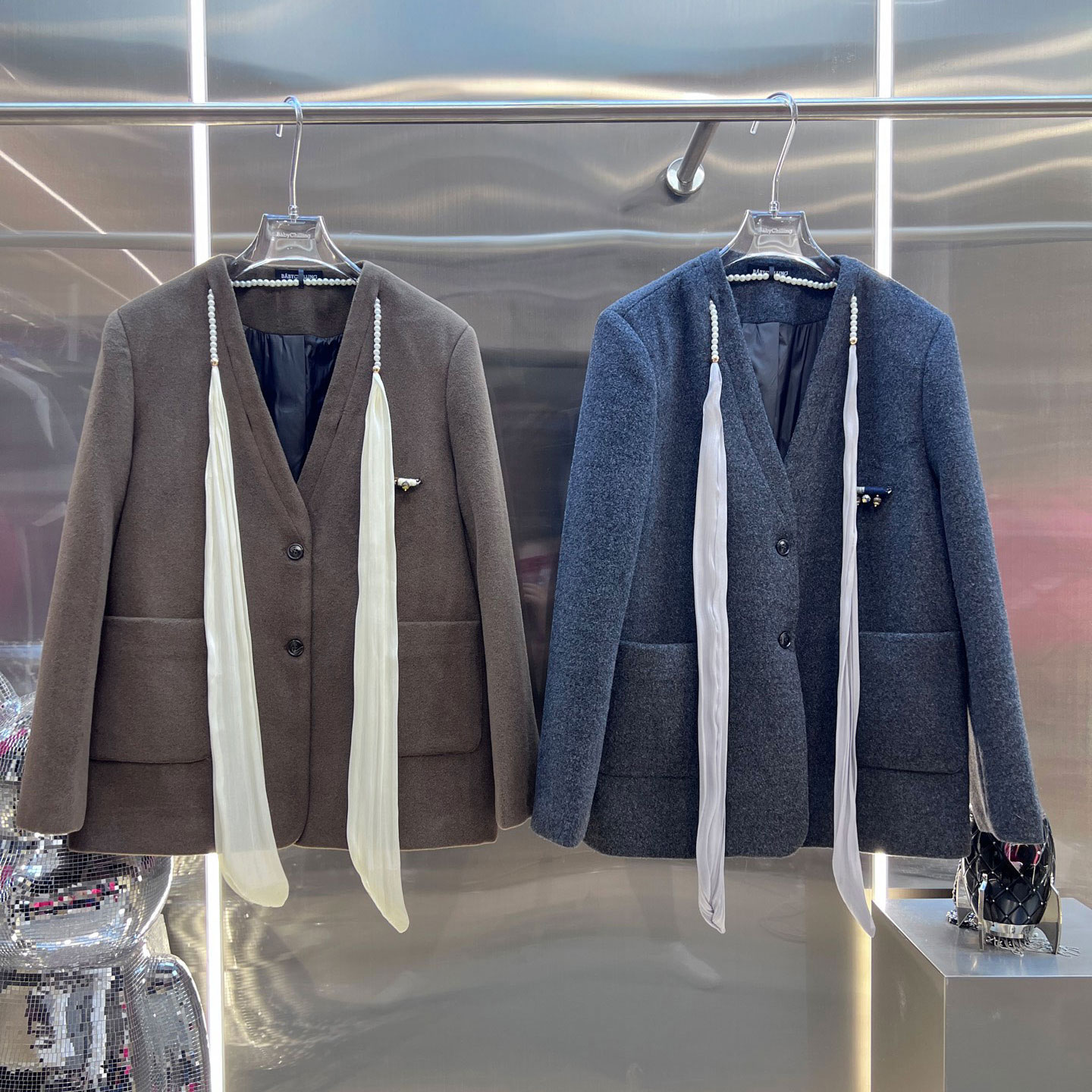 MBS.欧洲站新款南油高端廓形质毛呢中长款大衣V领丝巾西装外套女