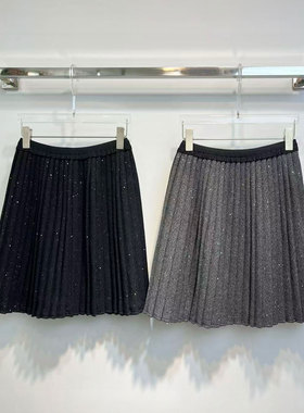 BBLY欧洲站小众南油高腰百搭松紧腰a字裙闪闪毛呢面料百褶中裙女