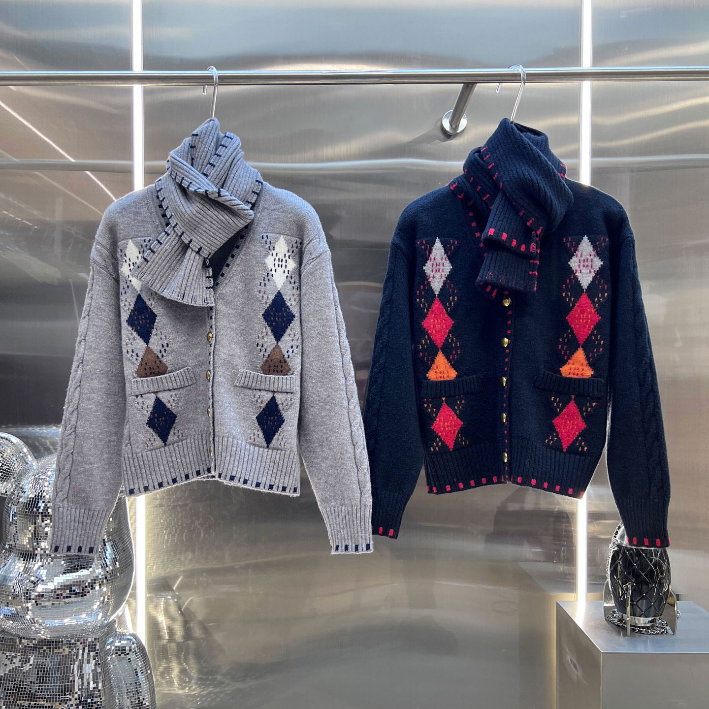 MBS.欧洲站新款英伦风凌格毛衣开衫围巾宽松单排扣时髦针织衫外套