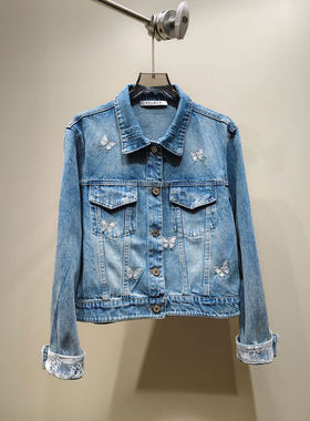 MBS.欧洲站新款HELMCH深圳南油复古刺绣宽松上衣蝴蝶钉珠牛仔外套