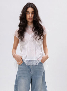 MBS.欧洲站新款FANLEONA法式蕾肌理显瘦百搭背心丝拼接假两件上衣