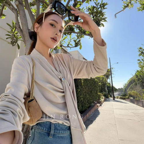 MBS.欧洲站新款Ap南油高端飘带V领气质缎面衬衫显瘦百搭减龄上衣