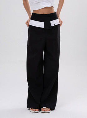 MBS.欧洲站新款FANLEONA黑白撞色双腰阔腿西裤显瘦气质直筒长裤女