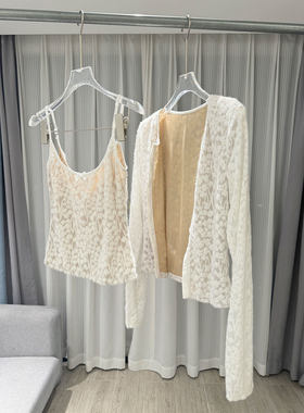 MBS.欧洲站新款辣妹风重工蕾丝提花吊带上衣蕾丝开衫两件套上衣女