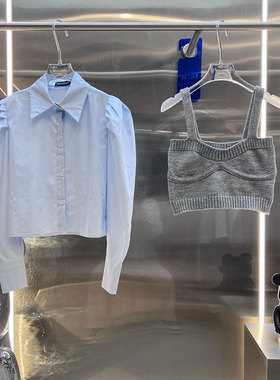 MBS.欧洲站新款BābyChìlling南油针织吊带领泡泡袖衬衫两件套女