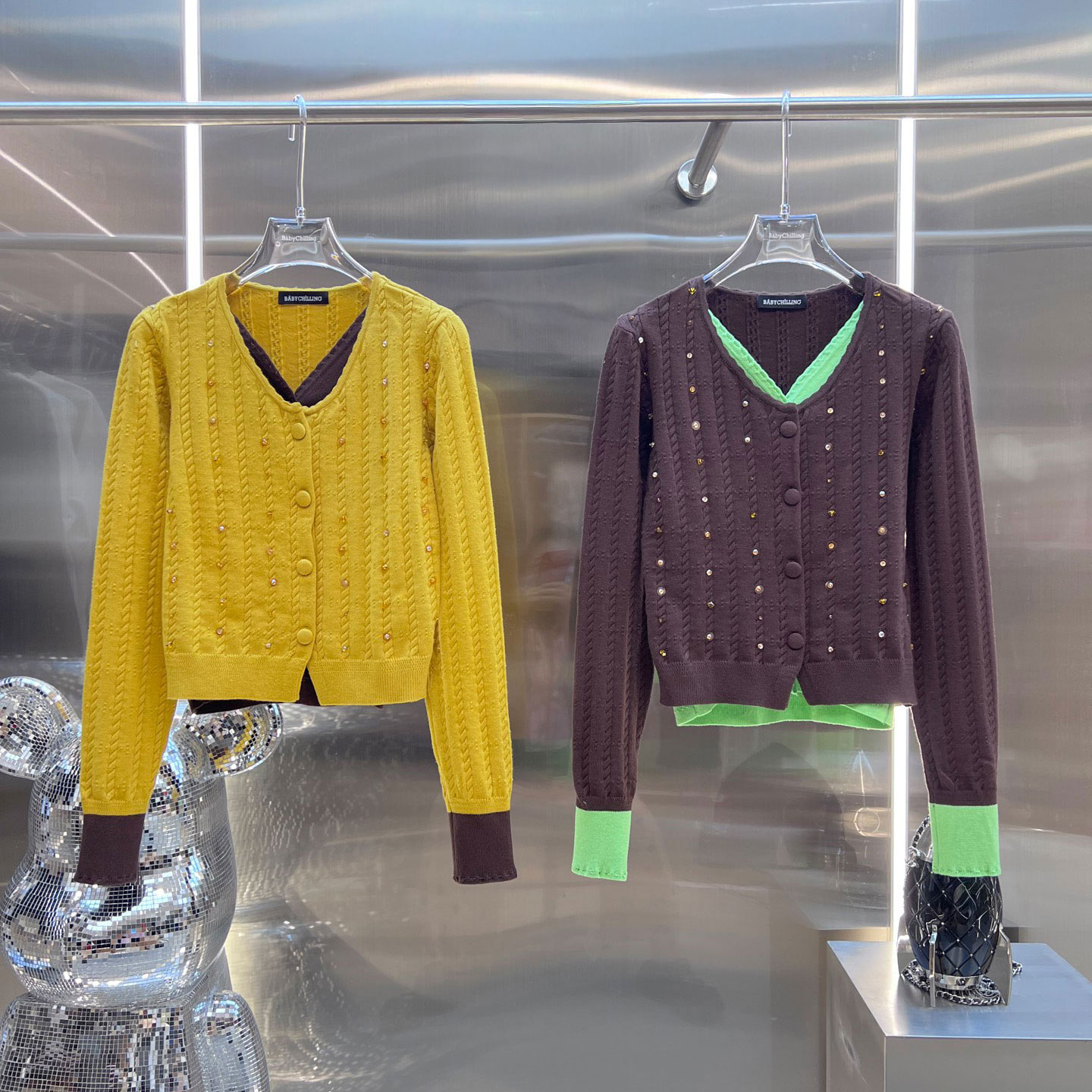 MBS.欧洲站新款深圳南油撞色假两件双层毛衣设计感V领针织开衫女