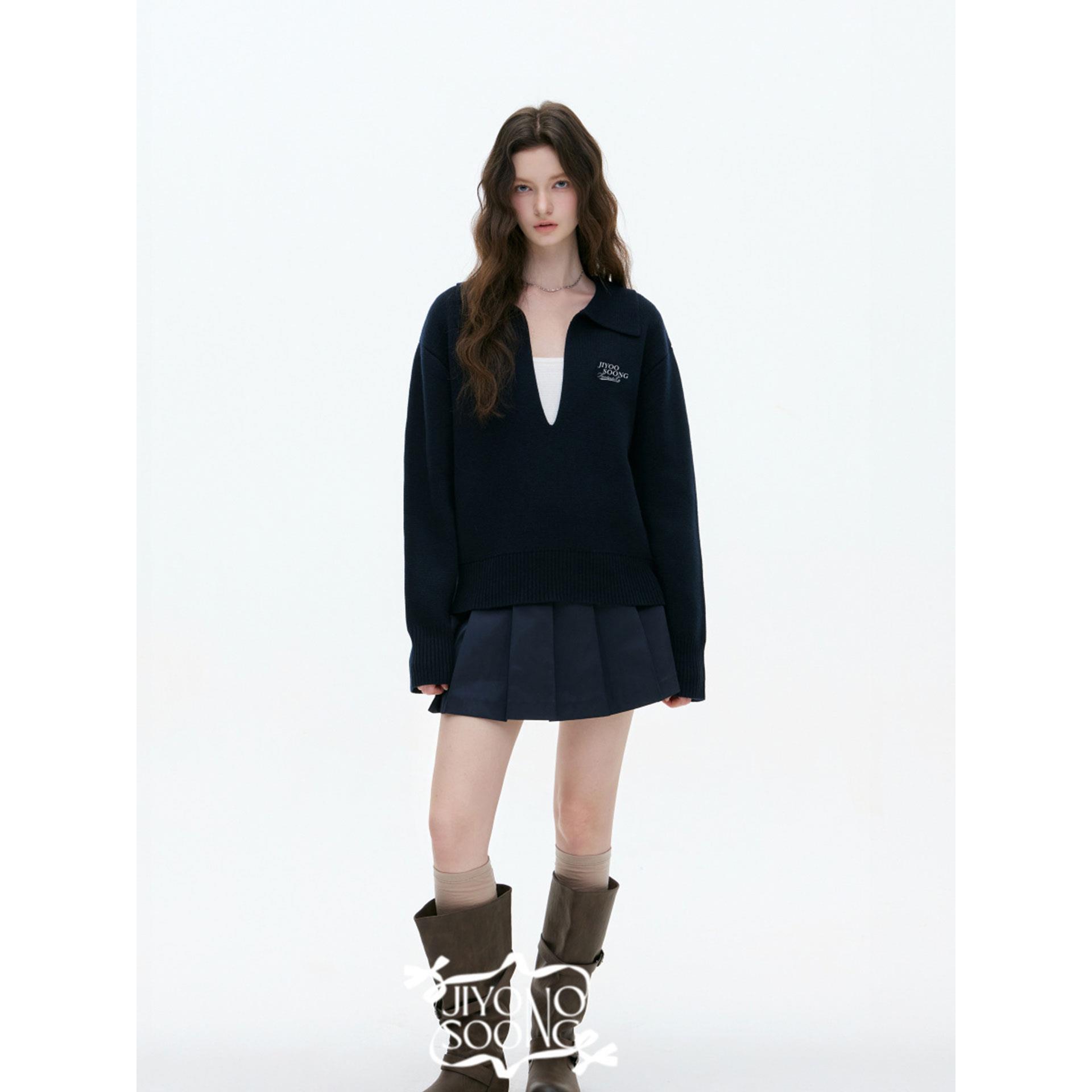 MBS.欧洲站新款JIYOOSOONG撞色假两件翻领外套字母刺绣宽松针织衫